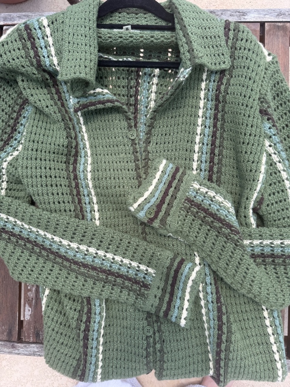 EARTHBOUND Olive Green Crochet Button-Up Shirt with Cream & Brown Stripes